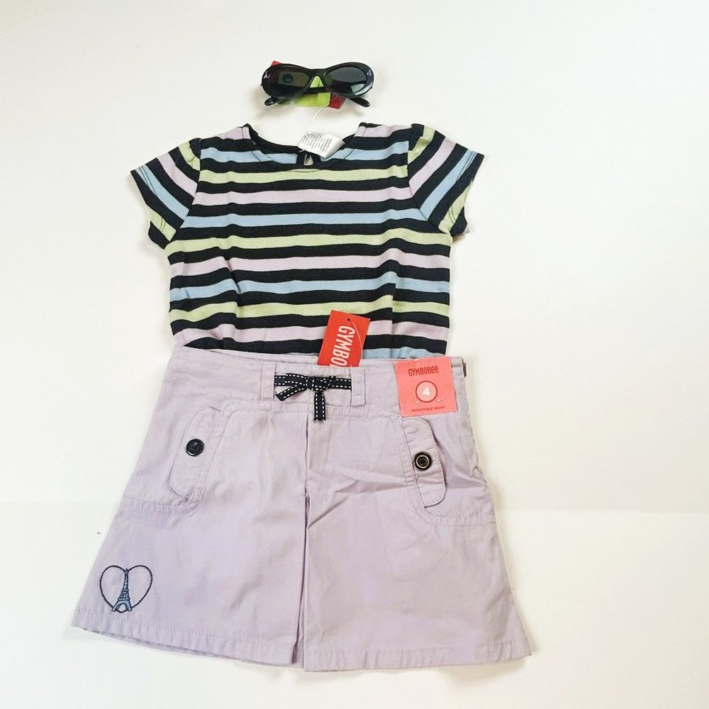 NEWT Gymboree Girl Eiffel Tower Pleated Skort, Stripe Tee & Sunglasses Size 4